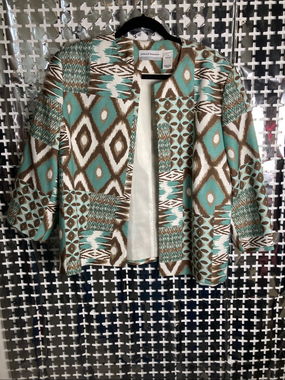 Alfred Dunner Geometric Open-Front Jacket in Aqua and Brown